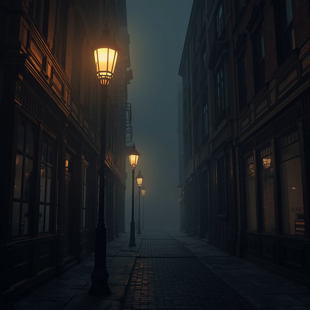 Street view of Aldermere with fog and gothic buildings