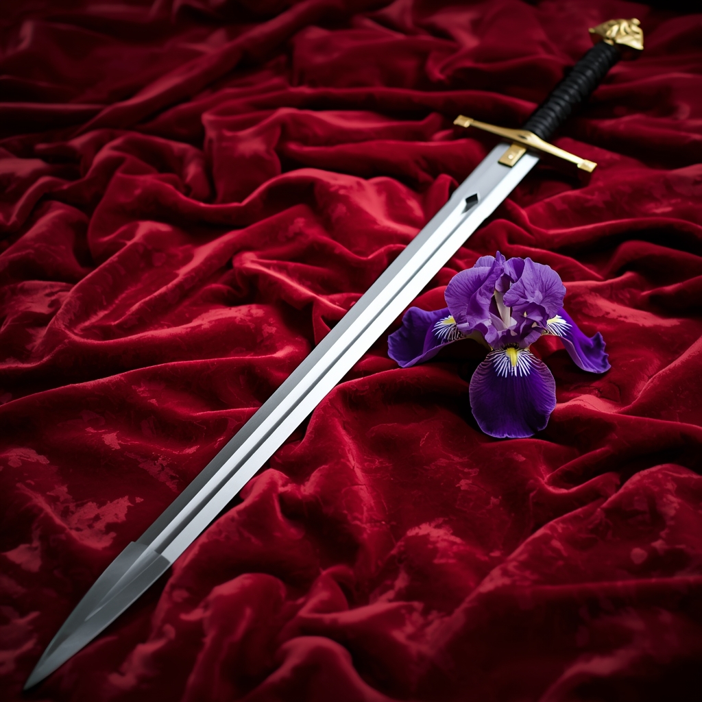 A sword and an iris bloom